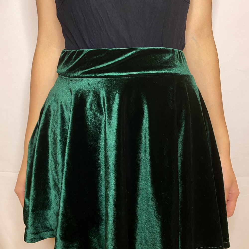 Green Velvet Pleated Skirt